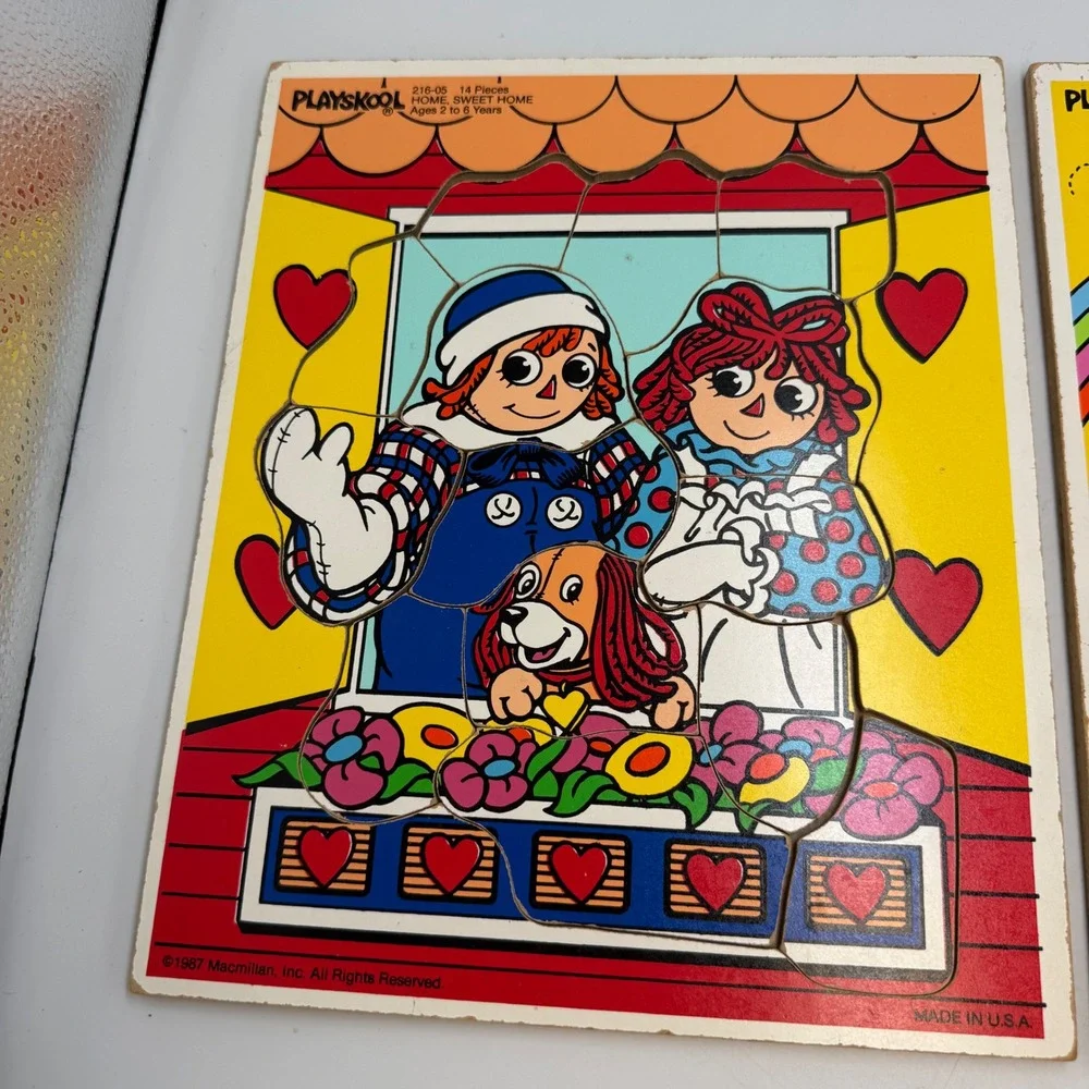 Vintage 1987 Playskool Raggedy Ann Andy Wood Tray Puzzles Set 216-05 216-01